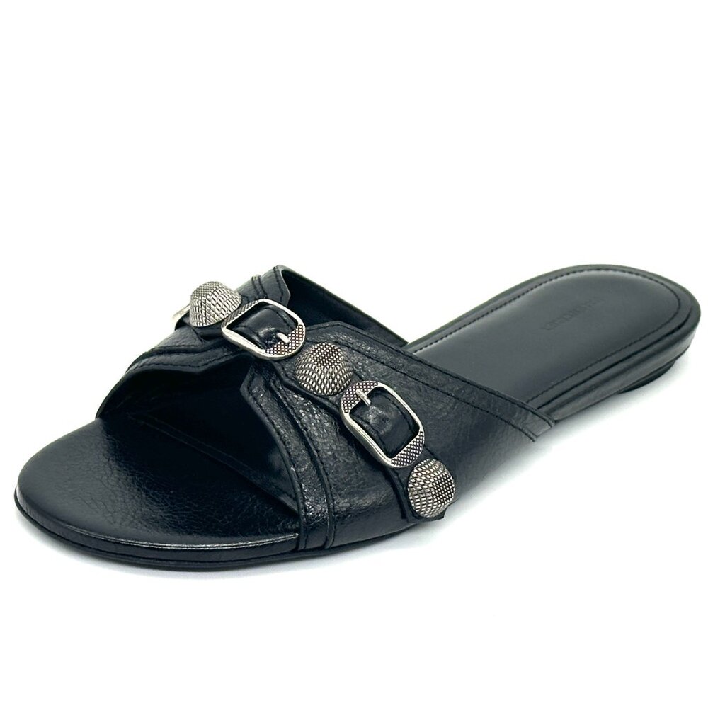 BALENCIAGA Cagole Studded Buckled Arena Leather Flat Slides Mules Sandals - Picture 7 of 16